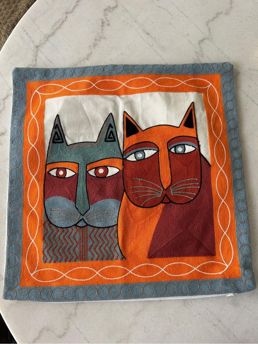 Colorful Cat Art Square Pillow Cover - Orange & Blue